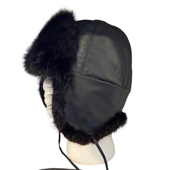 Vintage Black Leather & Fur Aviator Winter Hat With Ear Flaps & Chin Straps - Picture 3 of 15